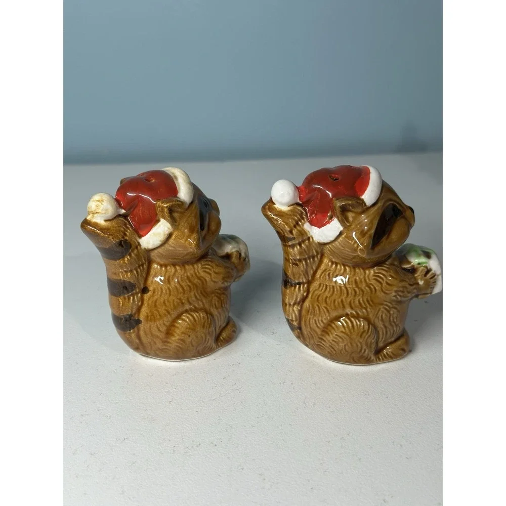Vintage Set Of Christmas Racoon Salt & Pepper Shakers Holding Presents Japan